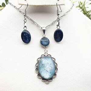 Handmade Blue Druzy & Light Blue Oval Pendant Necklace  Jewelry Set Silver Tone